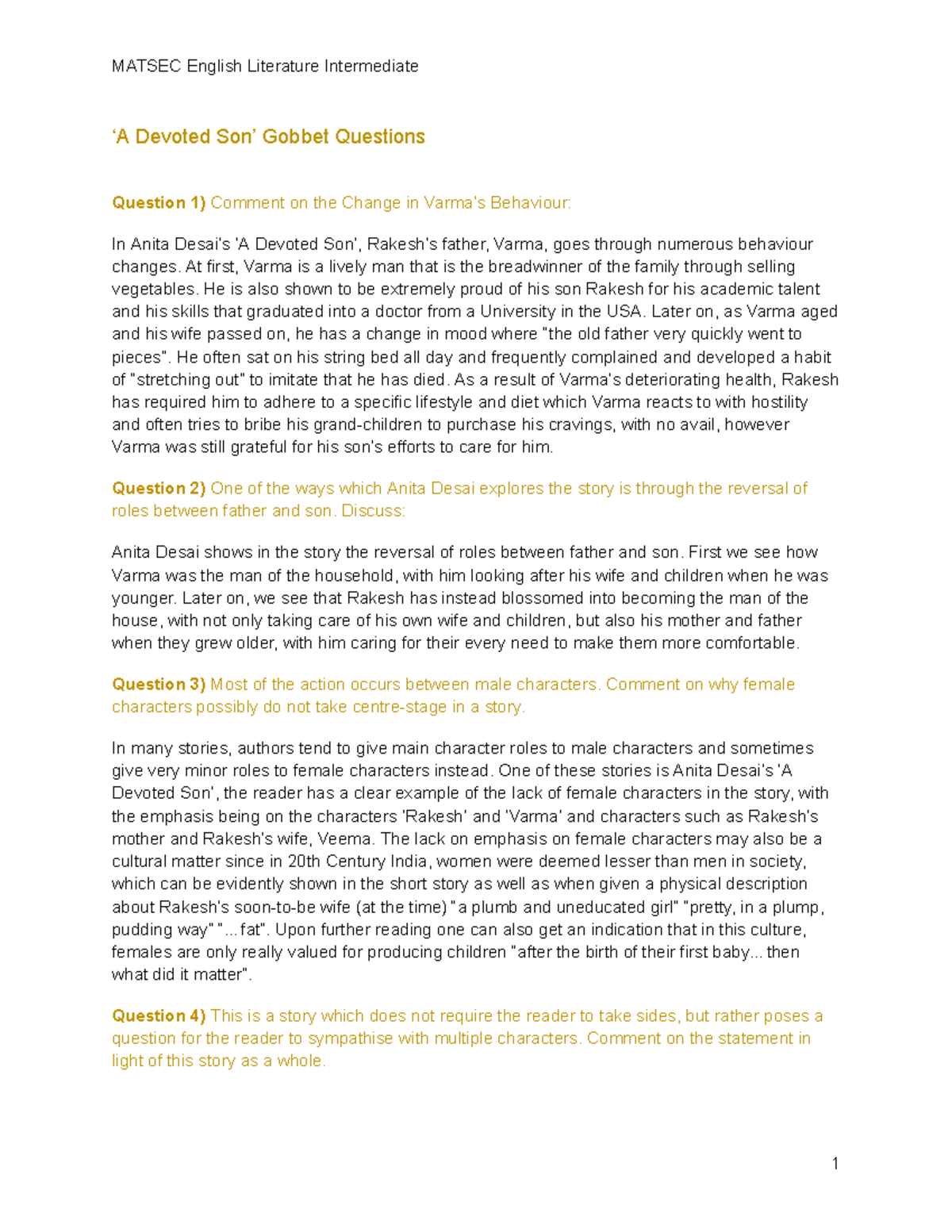 ‘A Devoted Son’ Gobbet Questions - MATSEC English Intermediate Exam ...