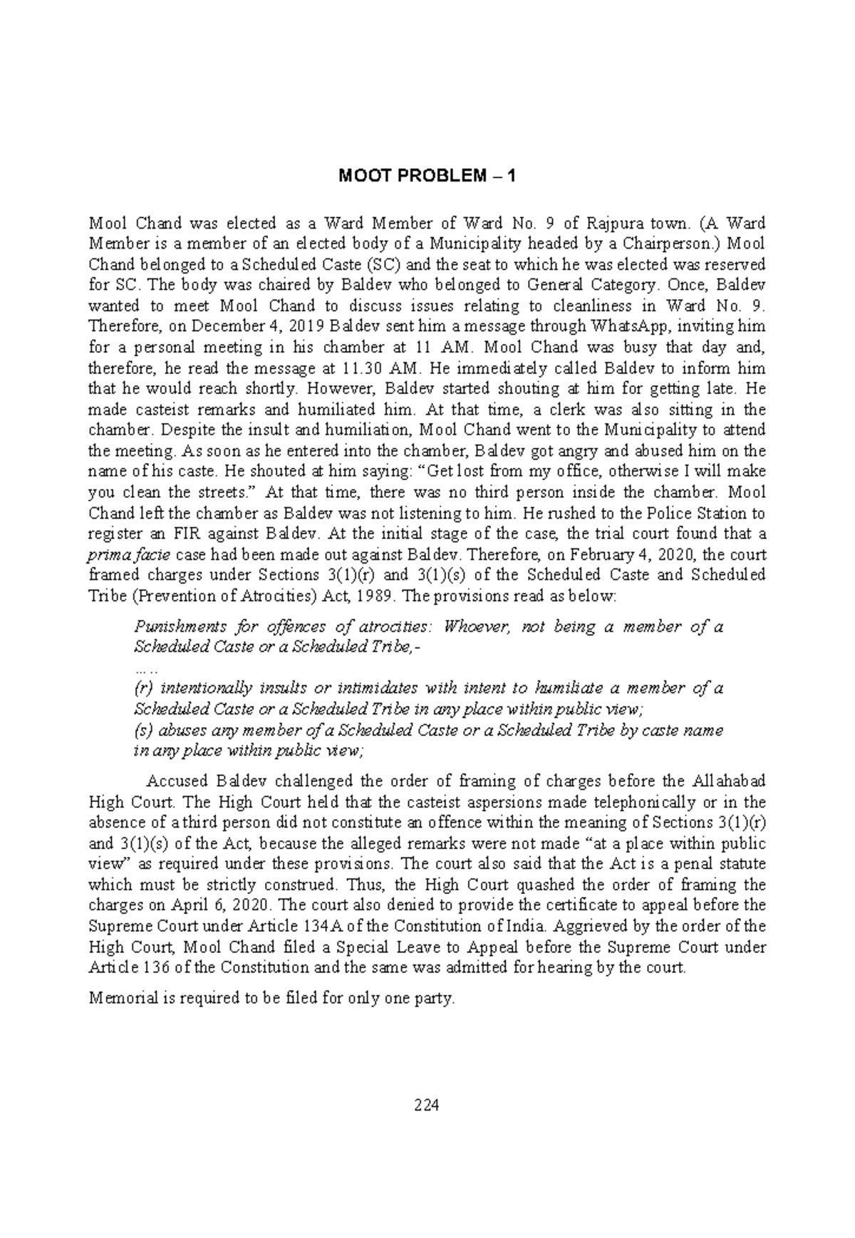 Moot Court Problems for Legal Analysis - Law Course Code XYZ123 - Studocu