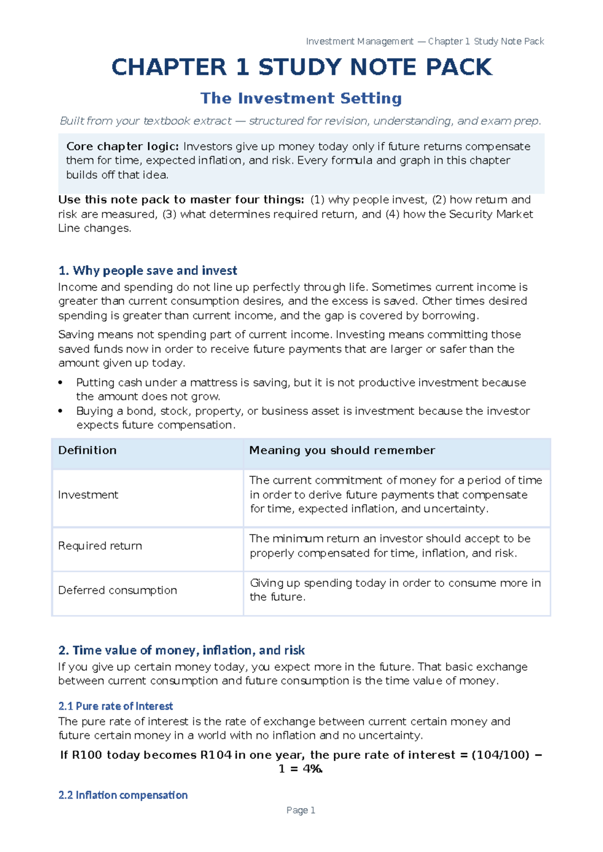 Investment Management Chapter 1 Study Notes: Key Concepts & Formulas ...