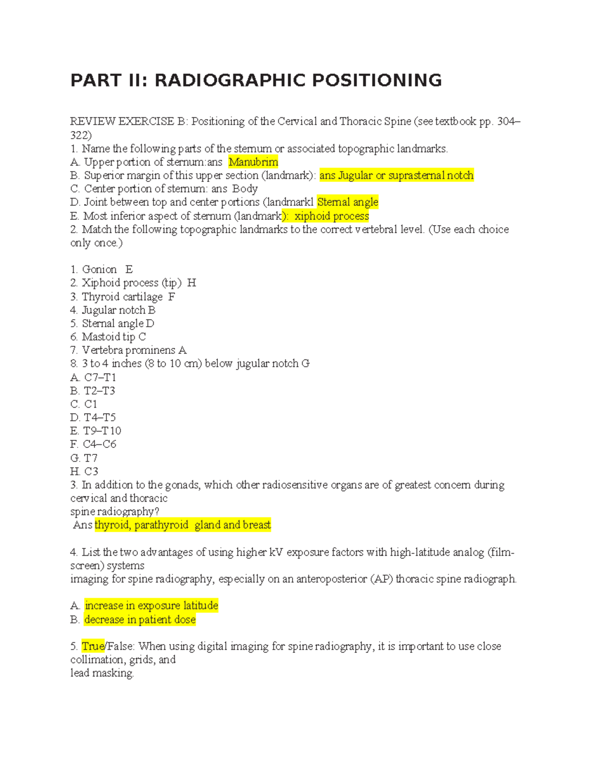 PART II: Cervical & Thoracic Spine Positioning Questions (C&T) - Studocu