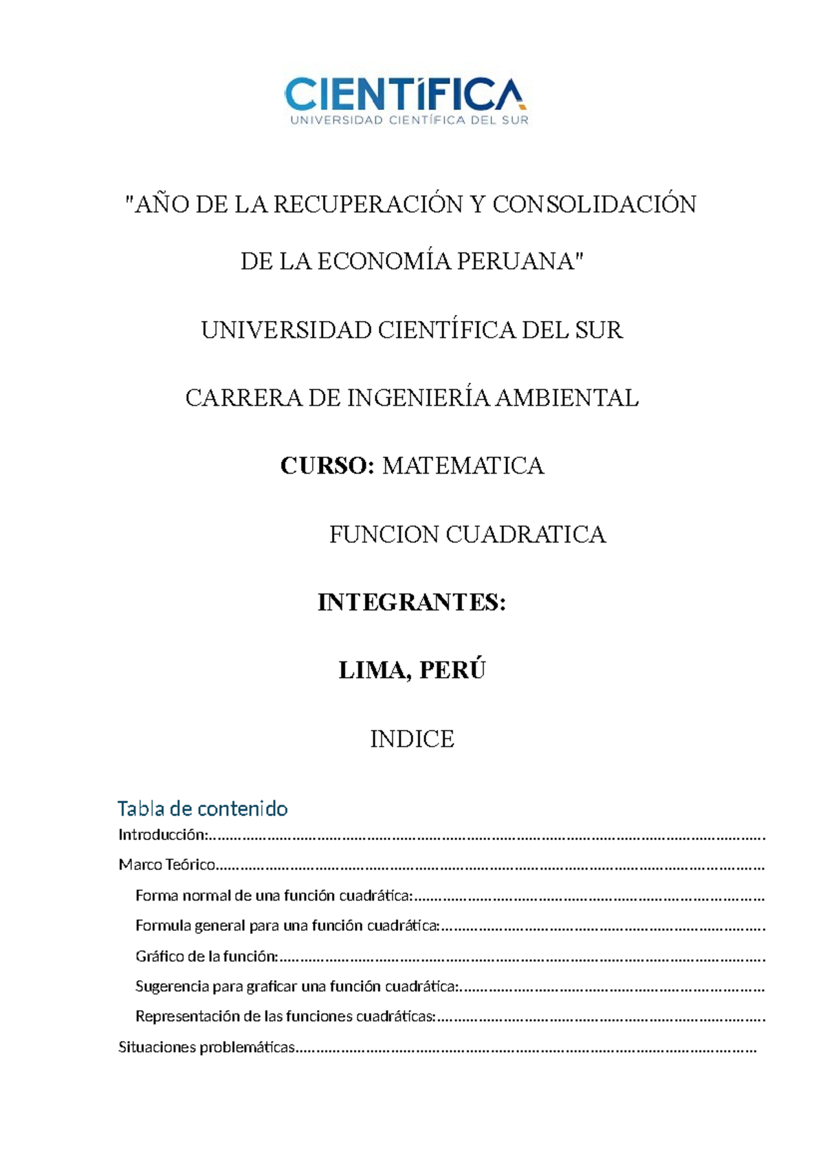 Función Cuadrática en Ingeniería Ambiental - MAT I Final Exam - Document Preview