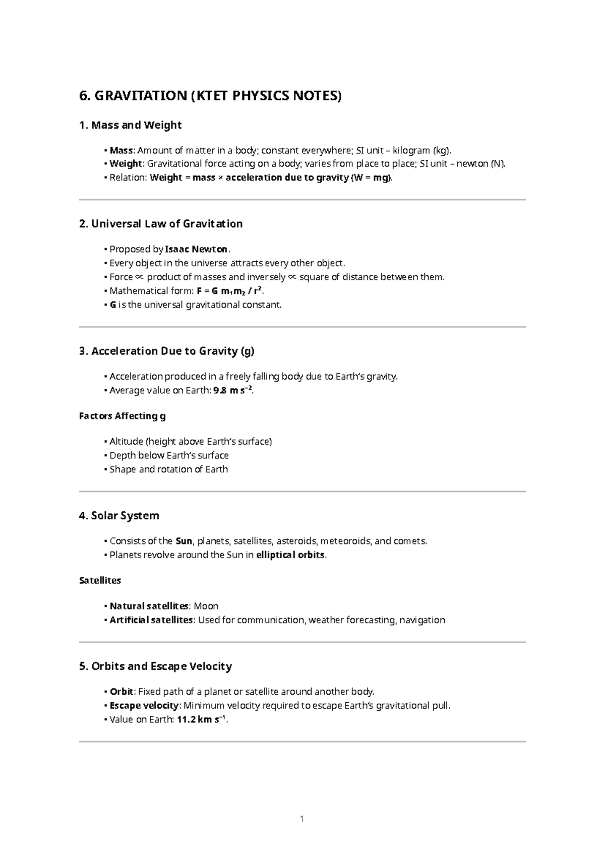 KTET PHYSICS NOTES: Gravitation Concepts and Key Principles - Studocu
