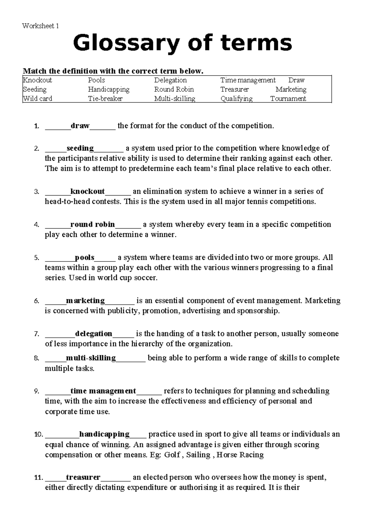 Glossary of Terms Worksheet - Worksheet 1 Glossary of terms Match the ...