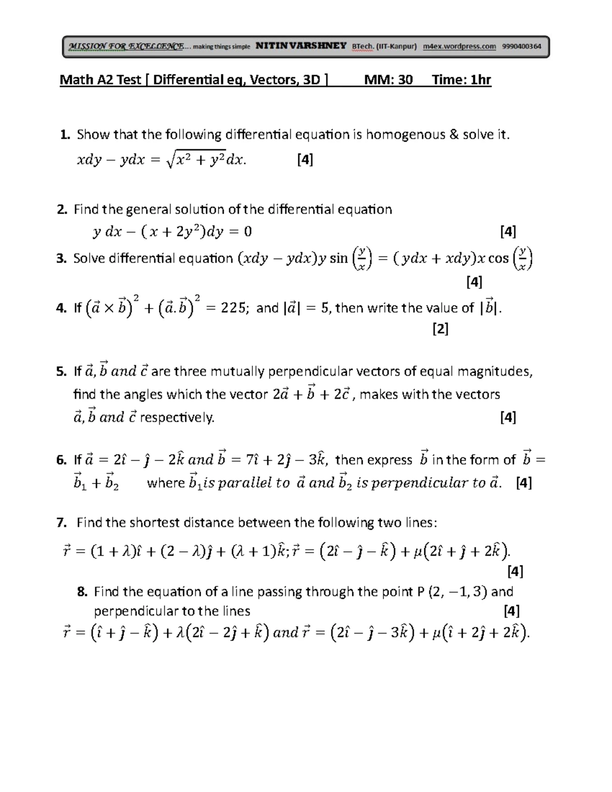 A2 Integration Test (Subjective) 1hr Q Paper - Class 12th a2 BatCh Math ...