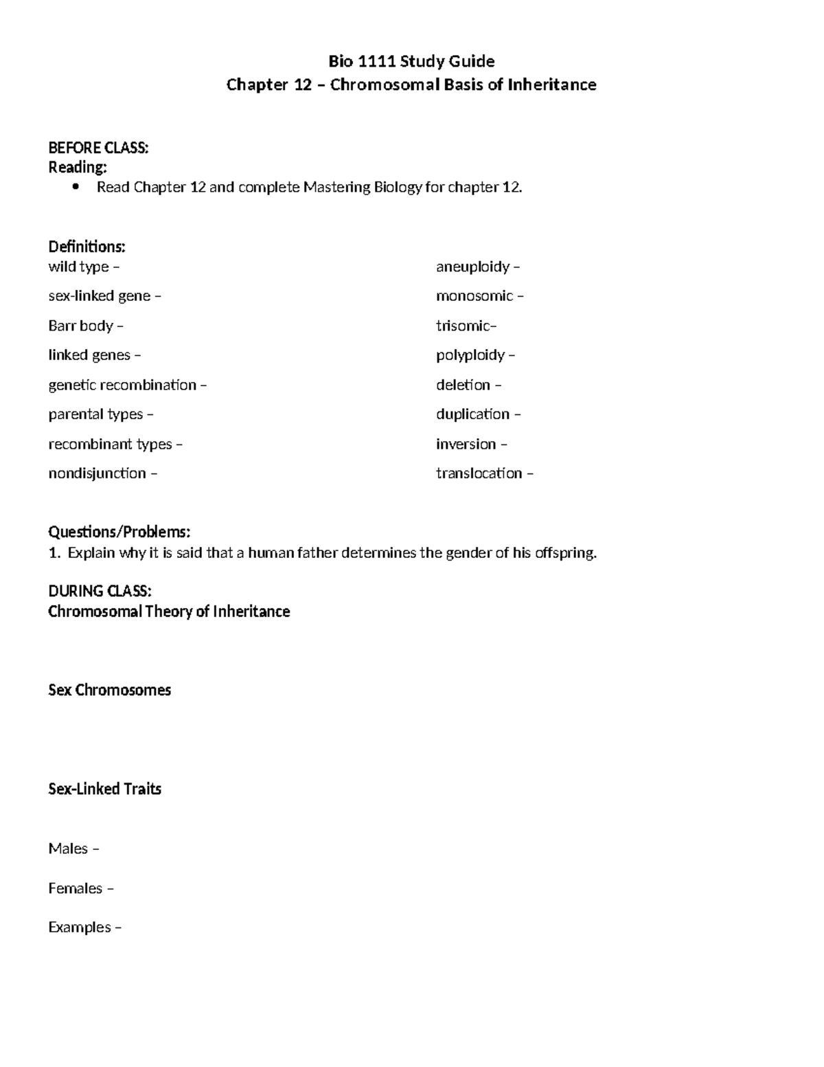 Bio 1111 Final Exam Study Guide: Chromosomal Inheritance - Studocu