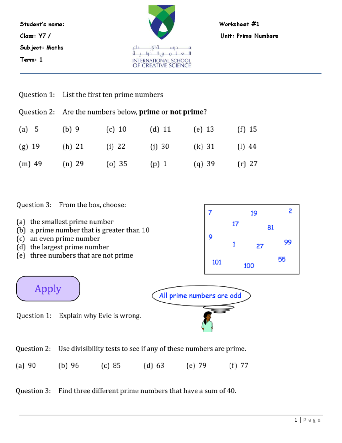 Prime Numbers worksheet - Maths - Student’s name: Worksheet Class: Y7 ...