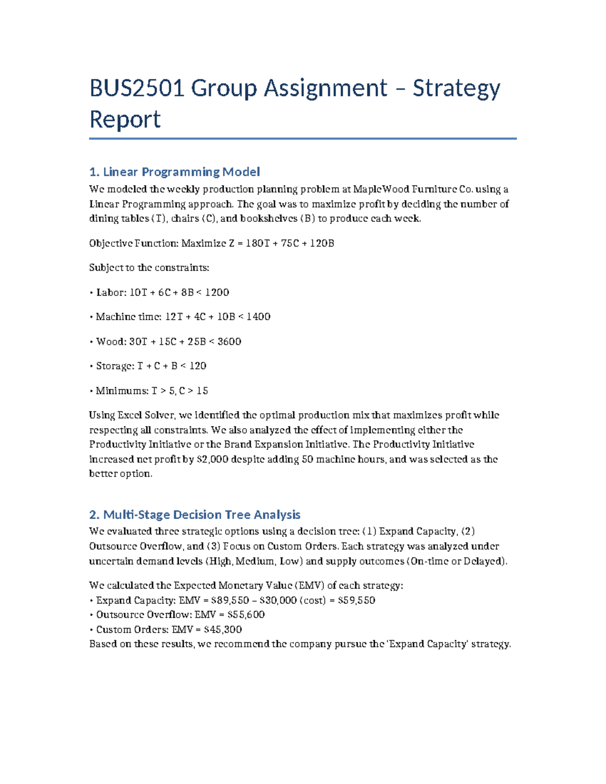 BUS2501 Group Assignment: Linear Programming & Strategy Analysis - Studocu
