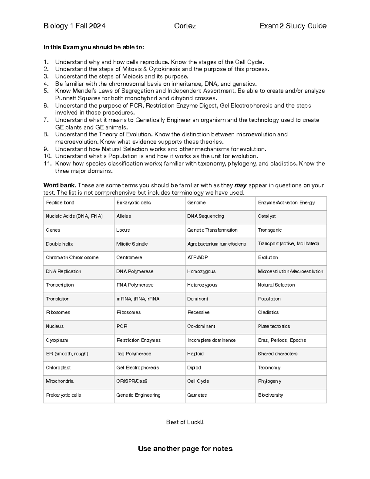 Biology 1 Exam 2 Study Guide - Fall 2024 - Studocu