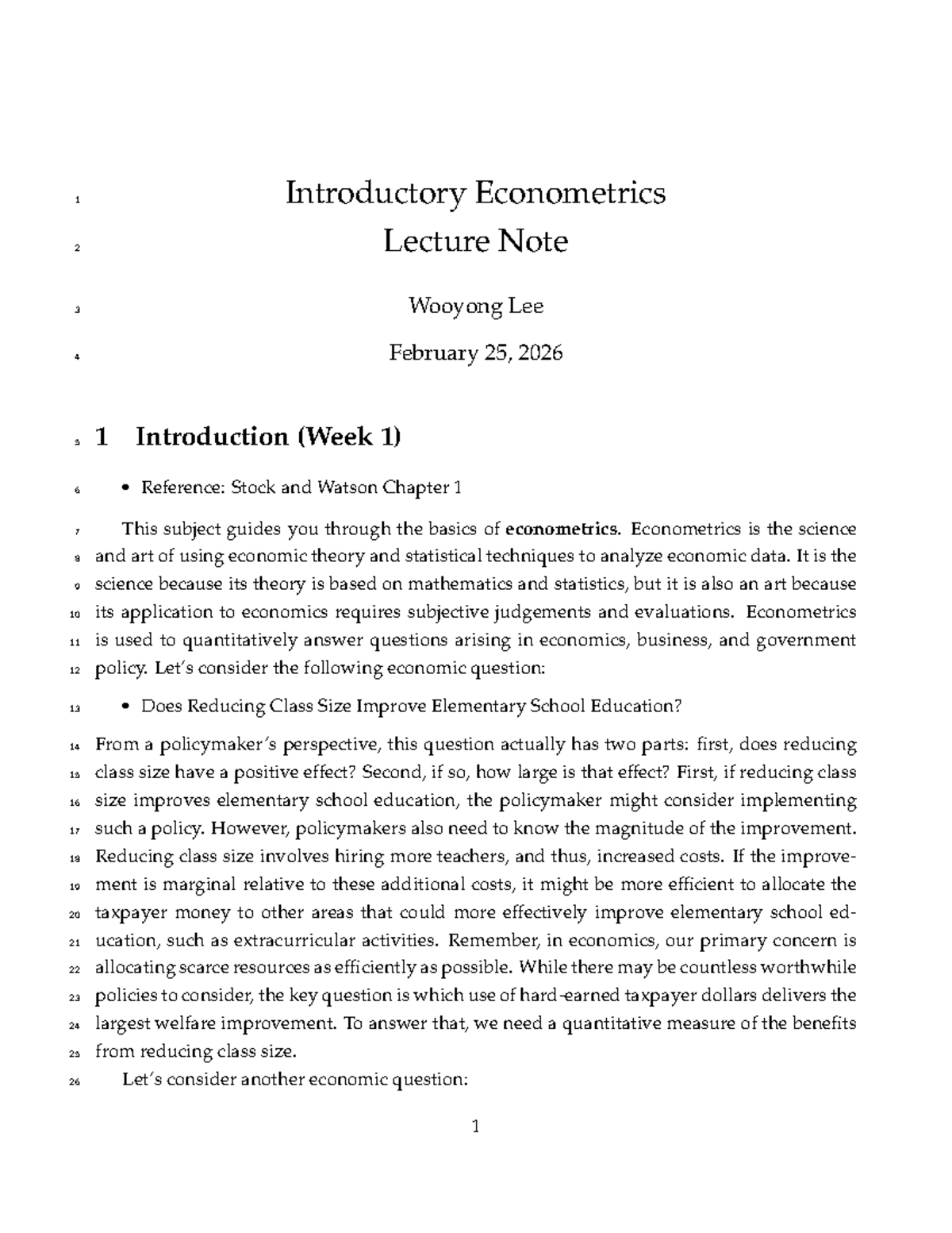 Introductory Econometrics Lecture Notes (Weeks 1-5) - Wooyong Lee - Studocu
