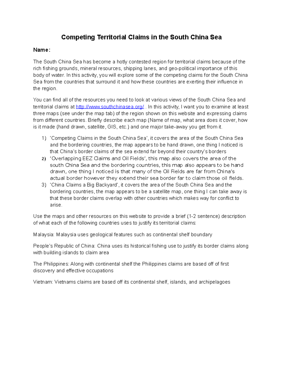 Competing Territorial Claims in the South China Sea - Activity Guide ...
