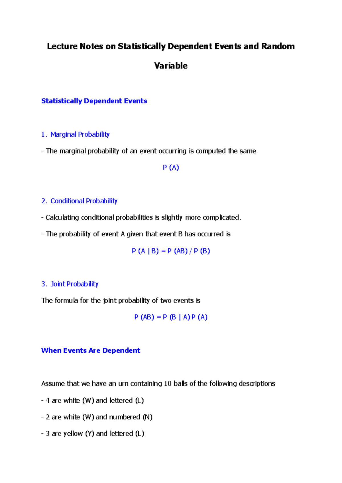 Lecture Notes on Statistically Dependent Events & Random Variables ...