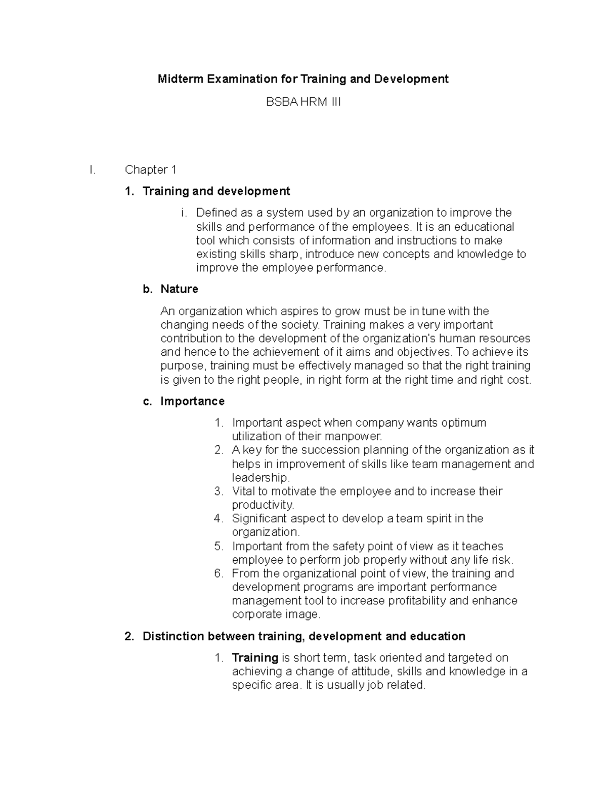Midterm Exam Reviewer for BSBA HRM III: Training & Development - Studocu