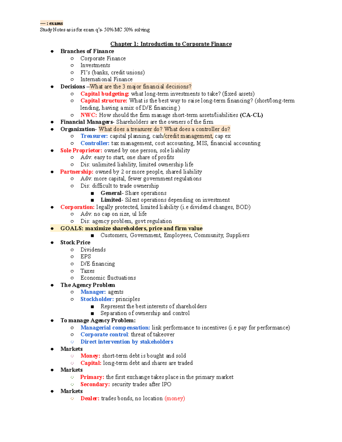 Study Notes for FIN 1: Introduction to Corporate Finance Exam - Studocu