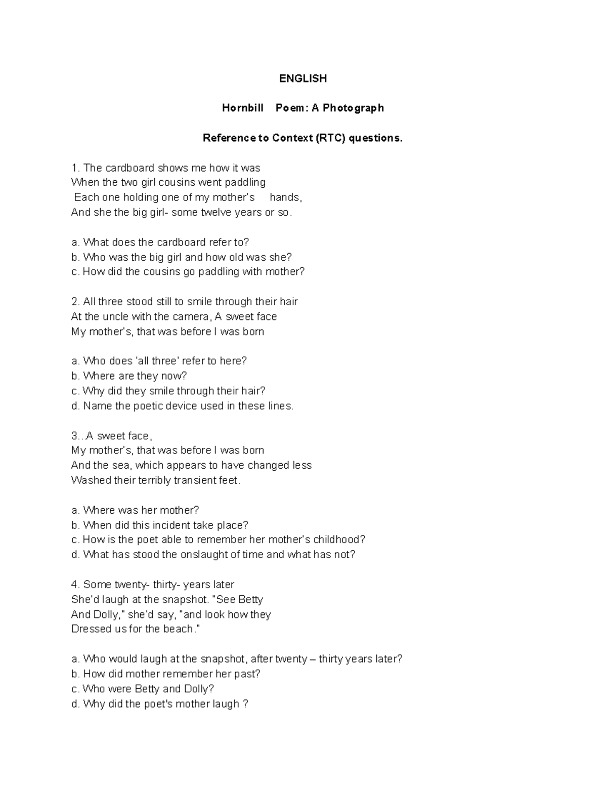 A Photograph RTC Questions for English Literature (RTC) - Studocu