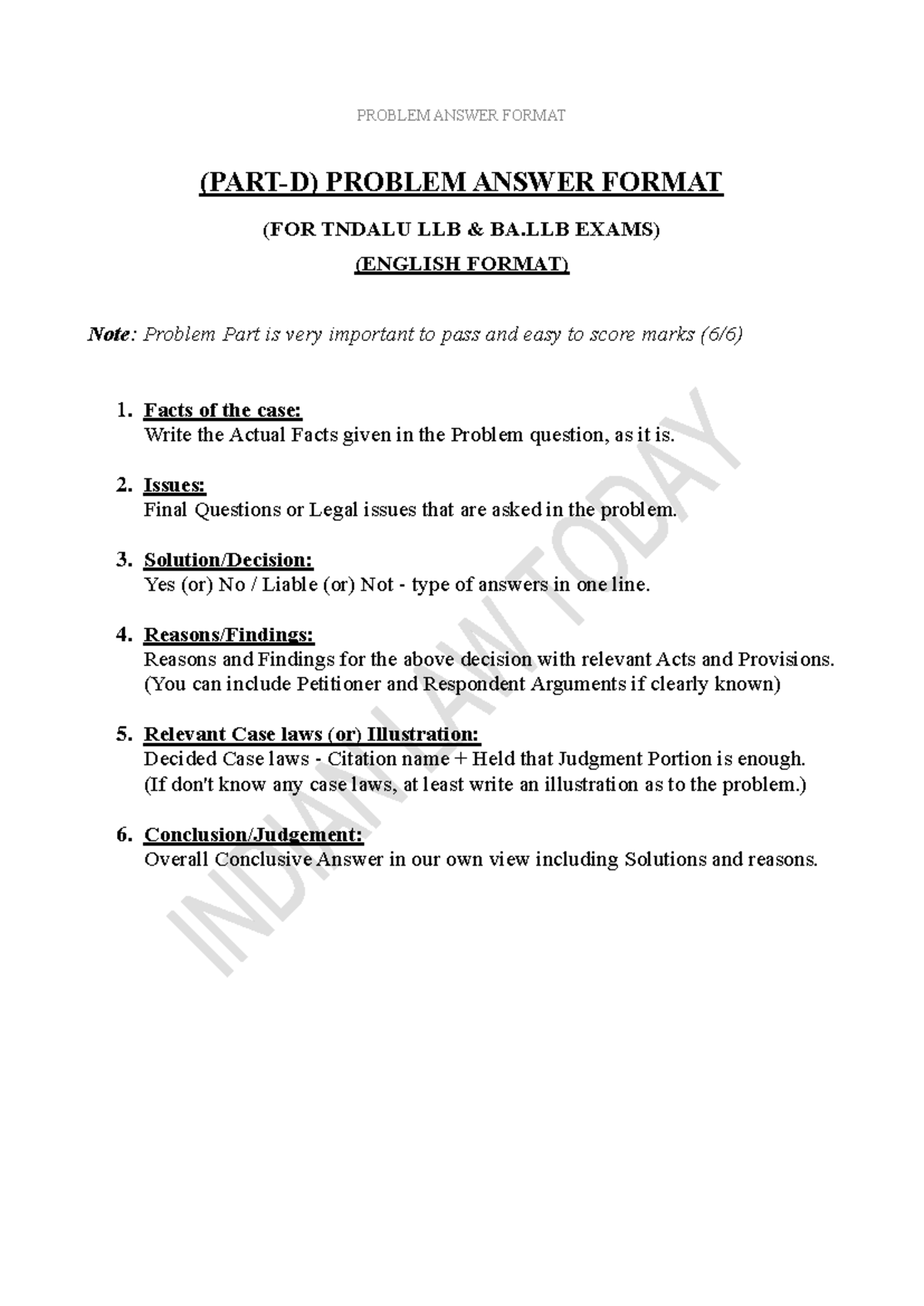TNDALU LLB BA.LLB Exam Problem Answer Format Guide - Studocu