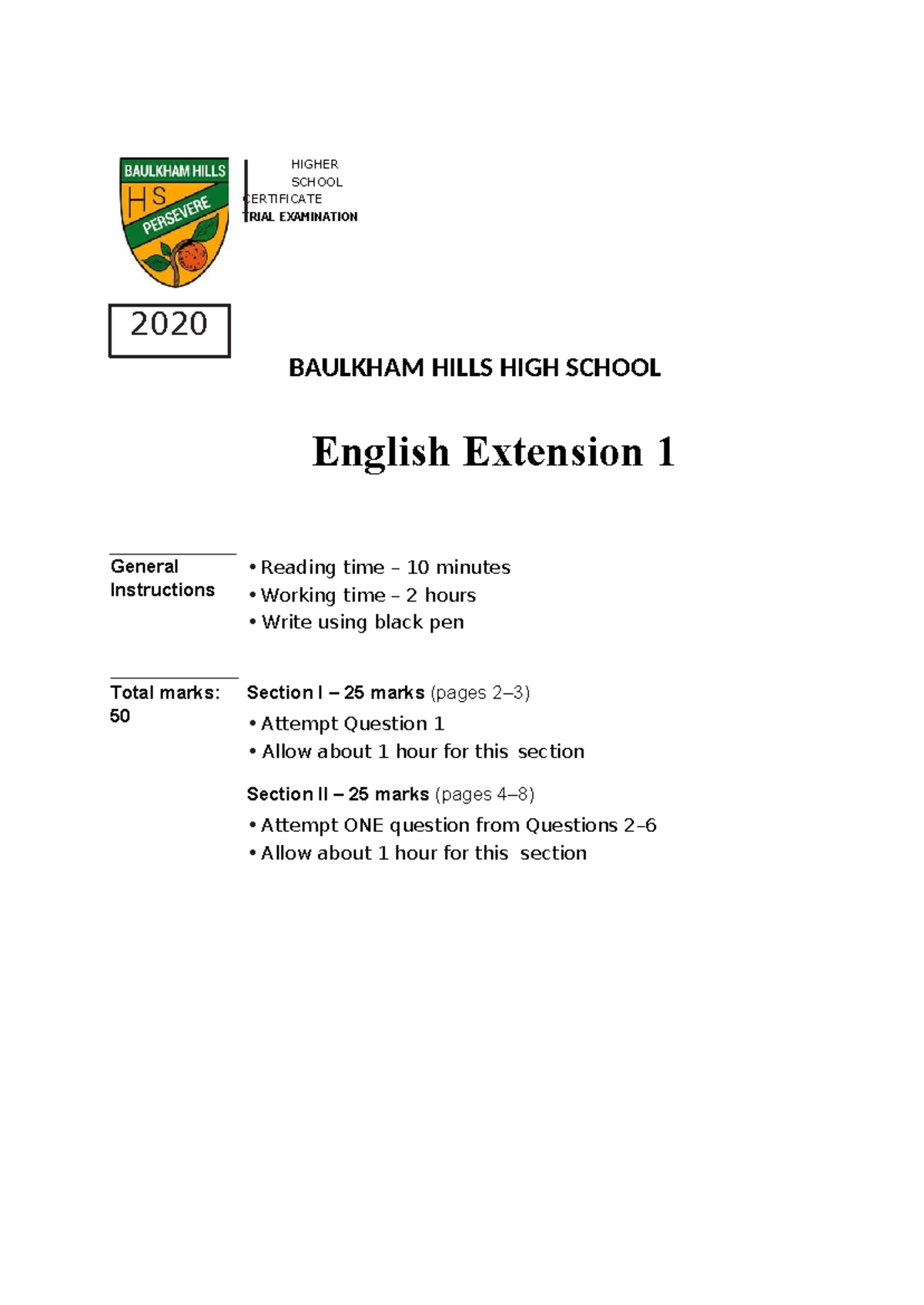 Baulko HSC Trial Exam 2020 - English Extension 1 Practice Paper - Studocu