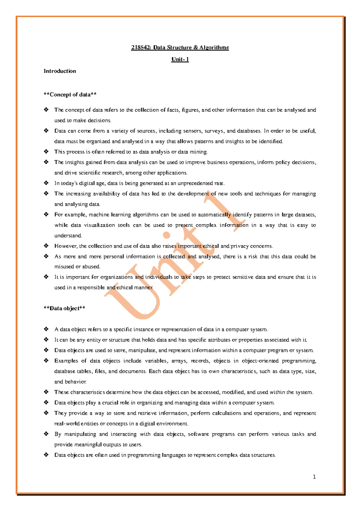 DSA UNIT 1 Notes - 218542: Data Structure & Algorithms Unit- I ...