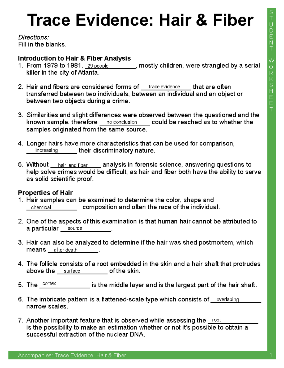 Hair &amp; Fiber Student Notes - T U D E N T W O R K S H E E T Trace 