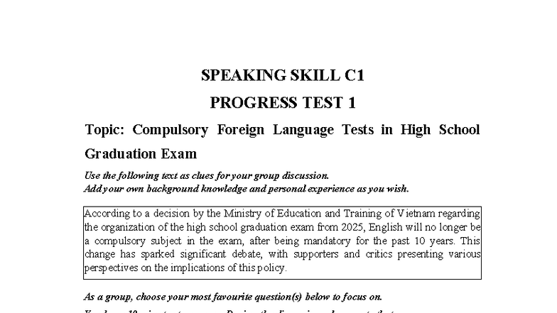 C1 Speaking Skill Progress Test 1: Foreign Language Exam Debate - Studocu