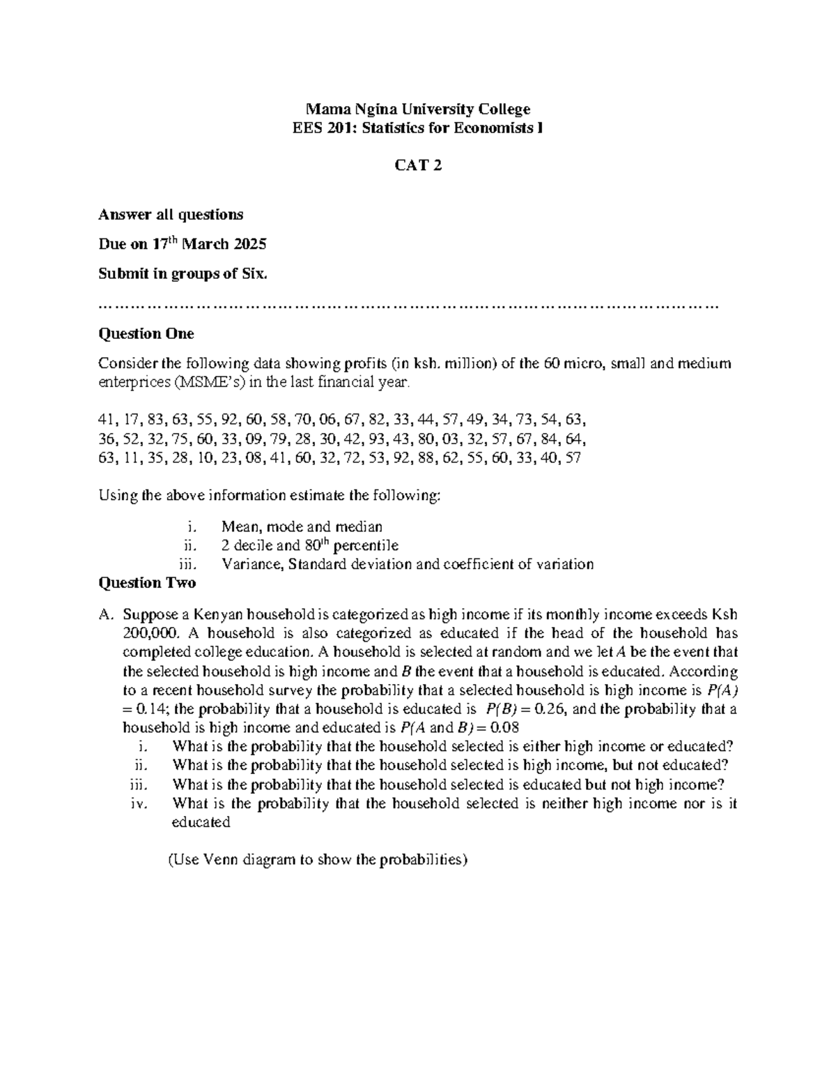 EES 201 CAT 2 MNU - Assignment - Mama Ngina University College EES 201 ...