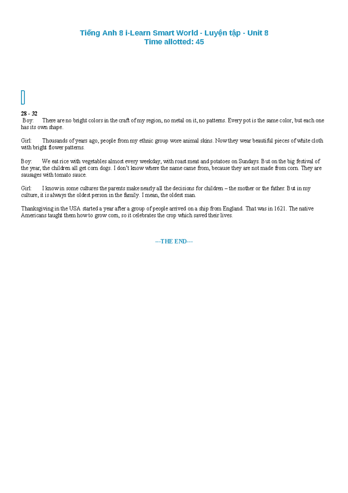 Tiếng Anh 8 - Unit 8 Audio Script Luyện Tập Notes - Studocu