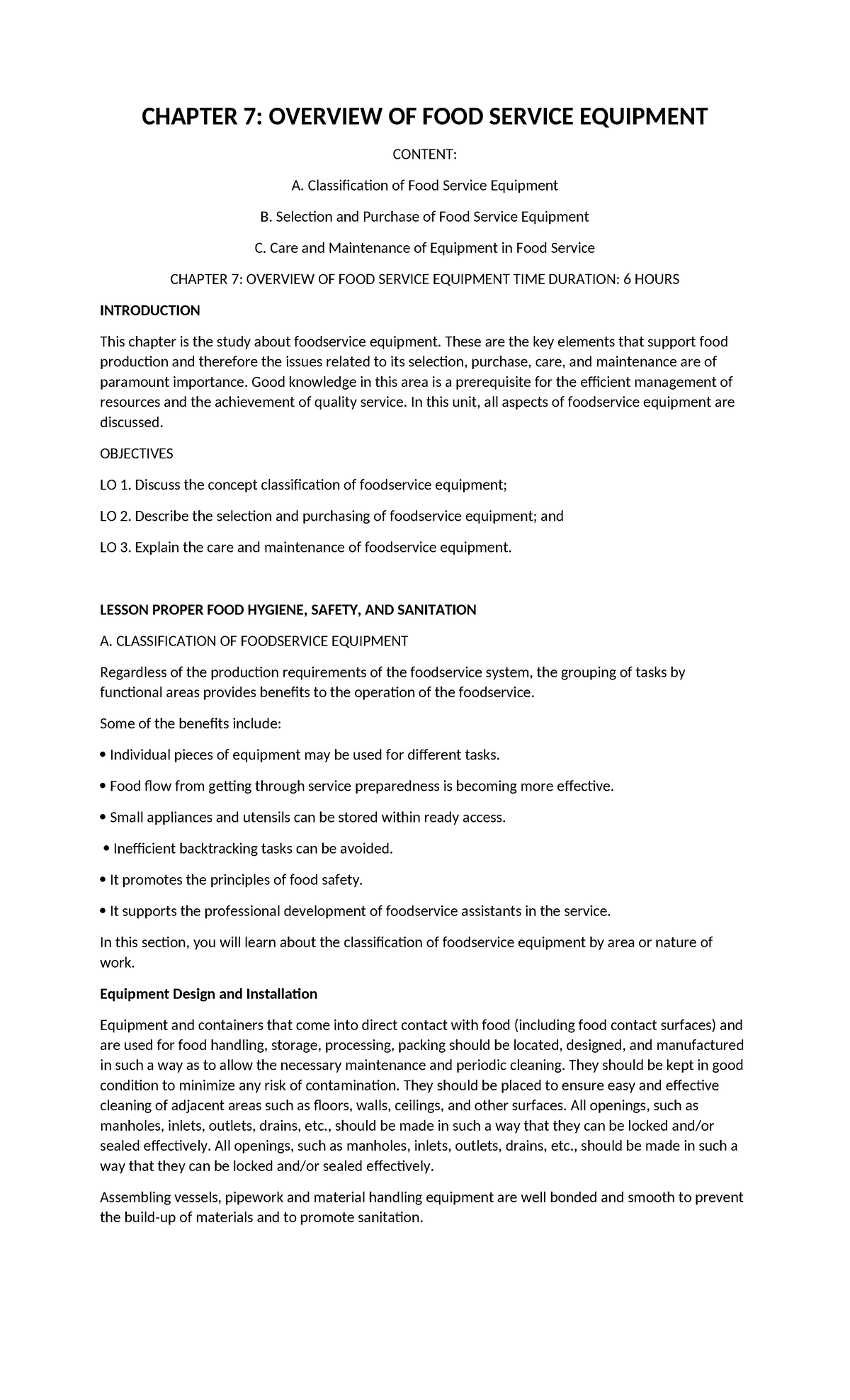 Chapter 7 - Overview of Food Service Equipment and Maintenance - Studocu