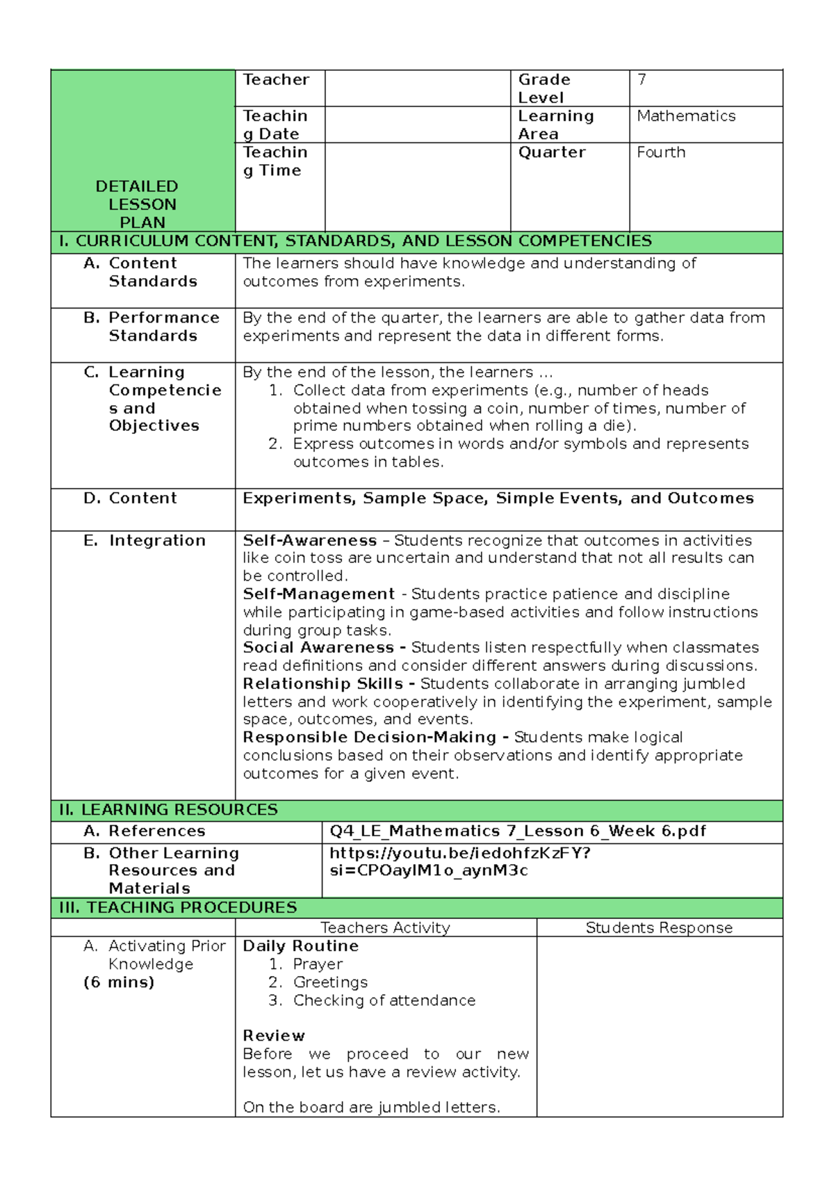 Q4_LE_Mathematics 7_Detailed Lesson Plan on Probability and Outcomes ...