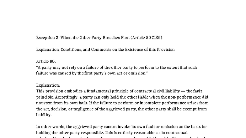 Exception 3: Breach by Aggrieved Party Under Article 80 CISG EN - Studocu