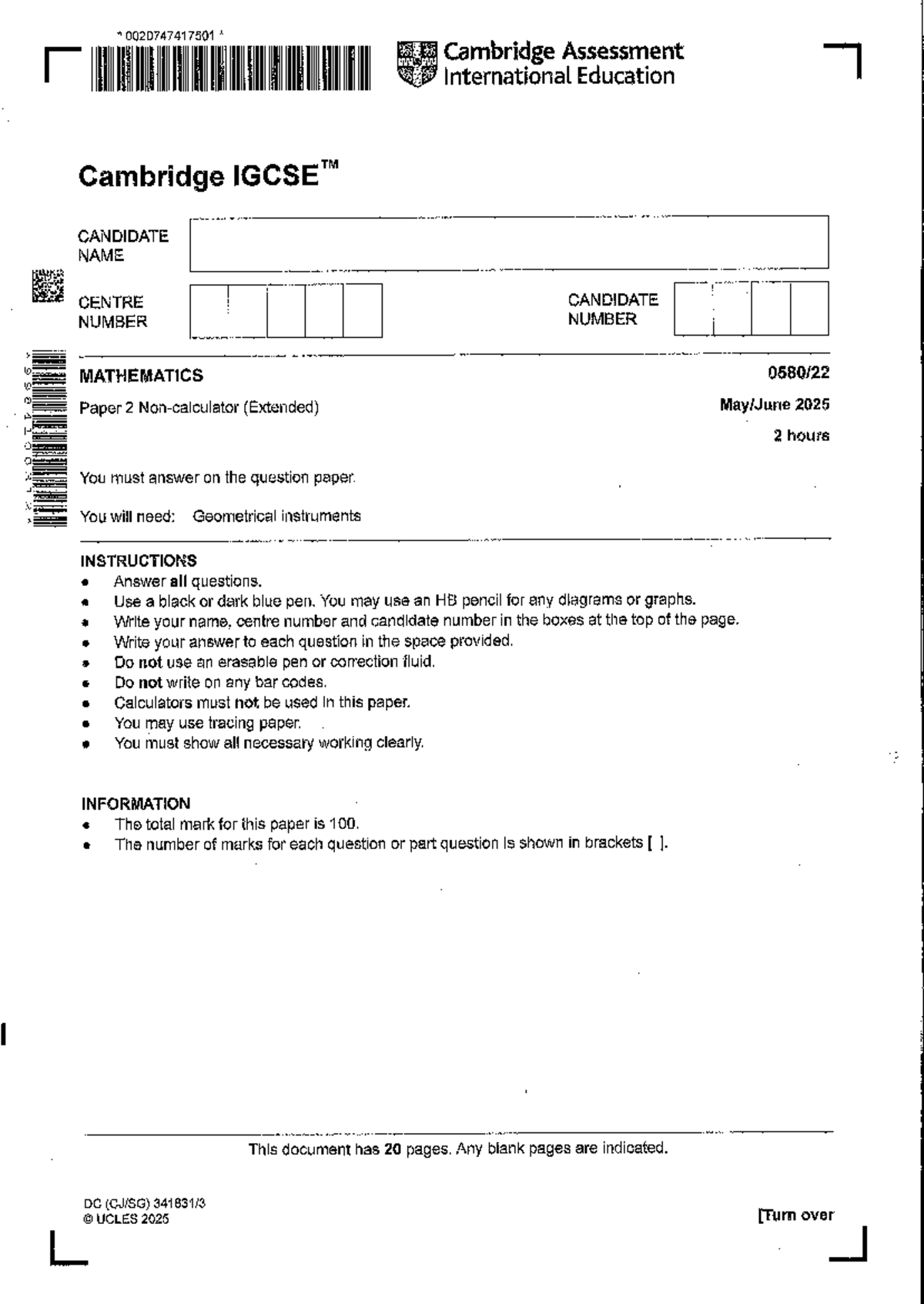 IGCSE 0580 Mathematics Paper 2 (Extended) Past Paper 2025 - Studocu