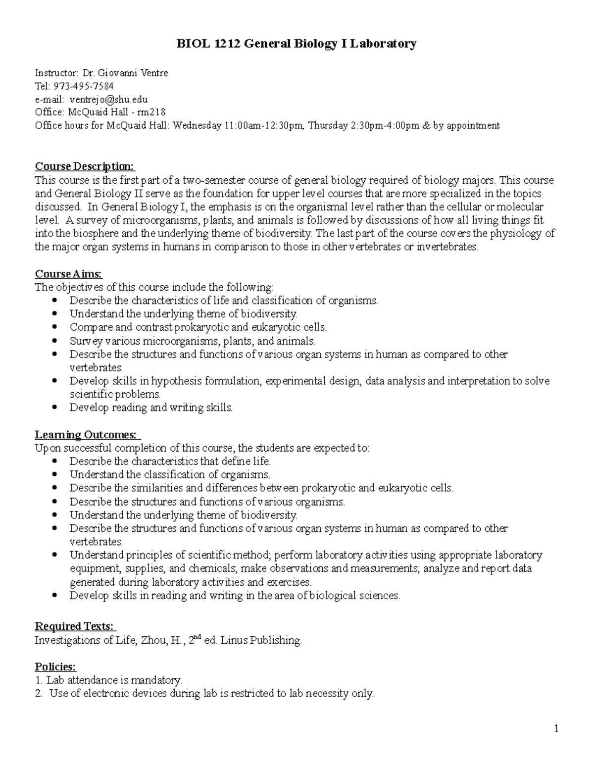 BIOL 1212 General Biology I Lab Syllabus Fall 2018 - Studocu