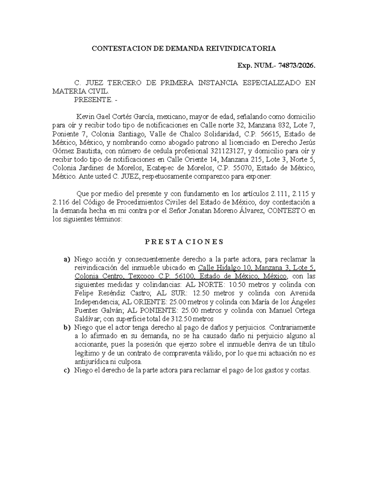 Contestación a la Demanda Reivindicatoria - Exp. C. Juez Tercero Civil ...