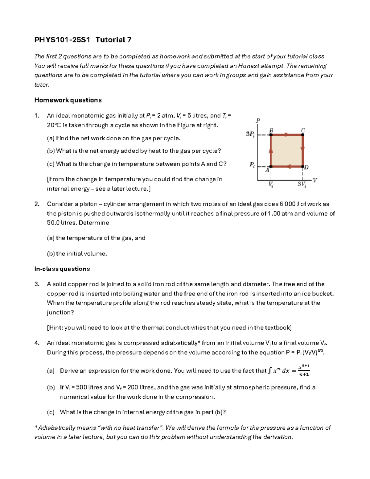 Phys101-25s1 tutorial 7 homework and group questions on ideal gases ...