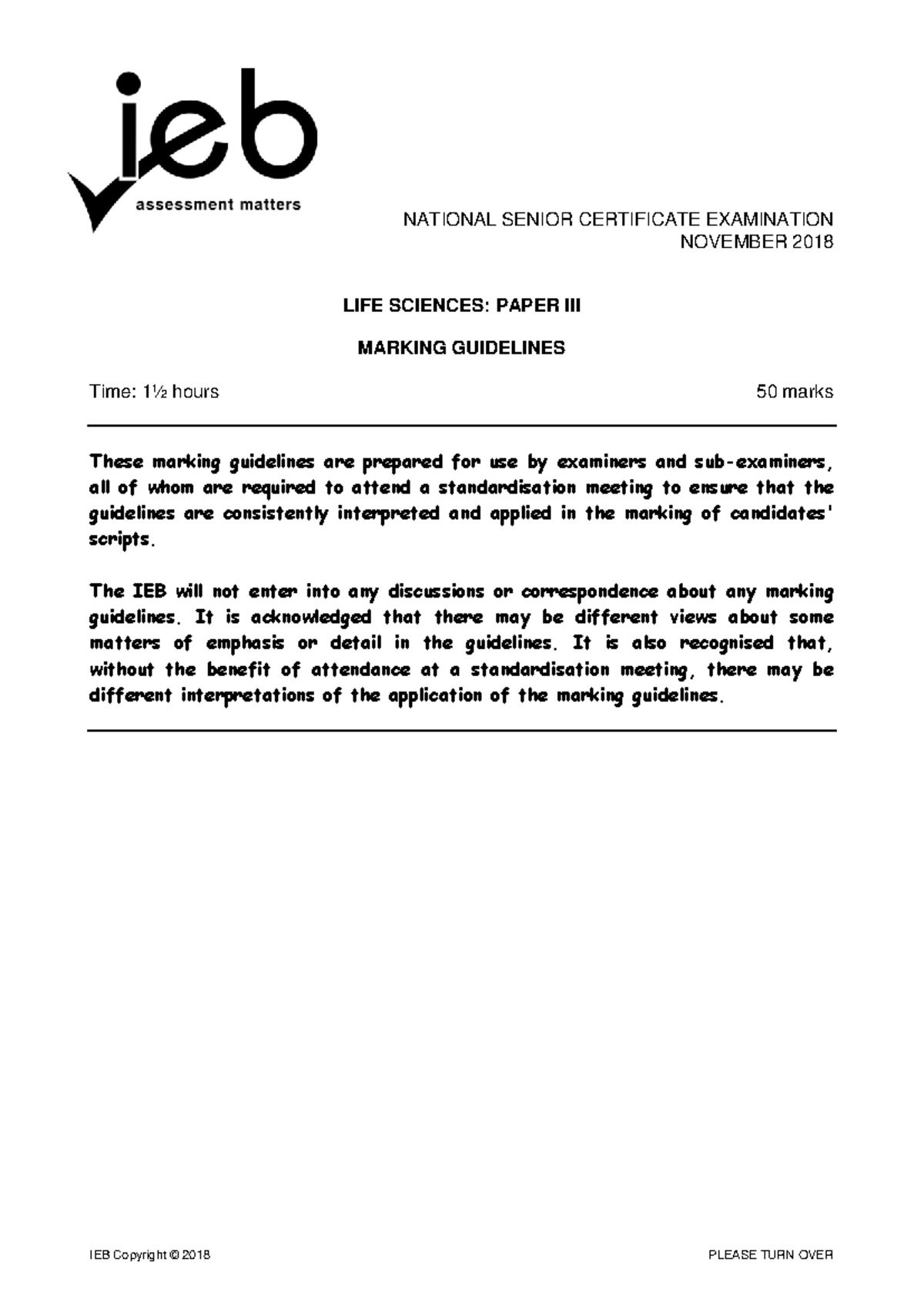 Life Sciences 2018 NSC Exam Paper 3 Marking Guidelines - Studocu