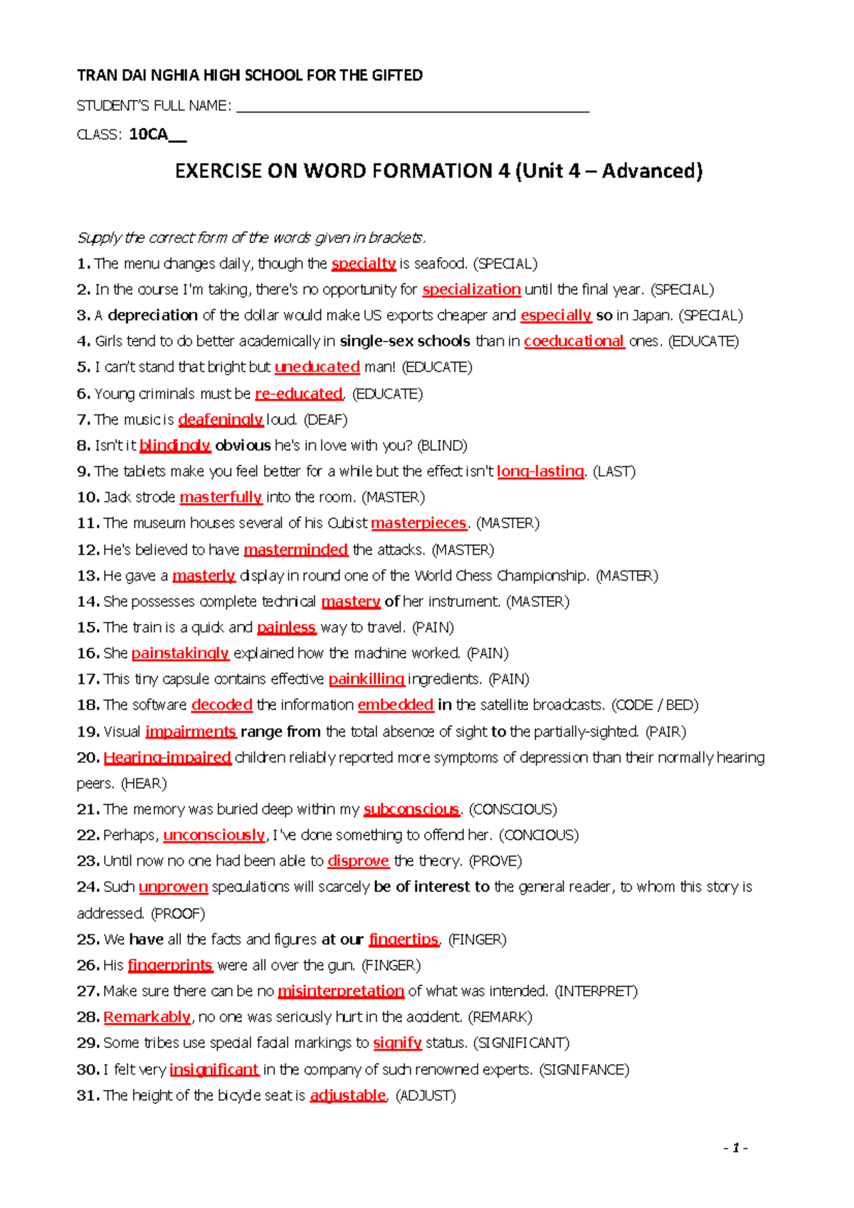 10CA Word Formation Exercise 4 - Practice Key for Students - Studocu
