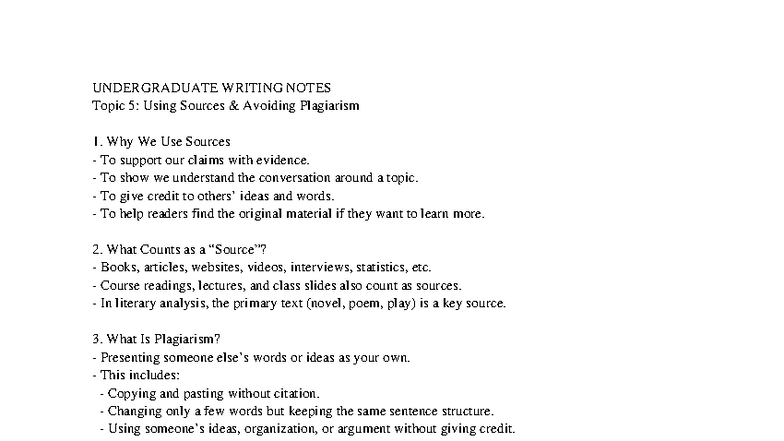 UG Writing Notes: Topic 5 - Using Sources & Avoiding Plagiarism - Studocu