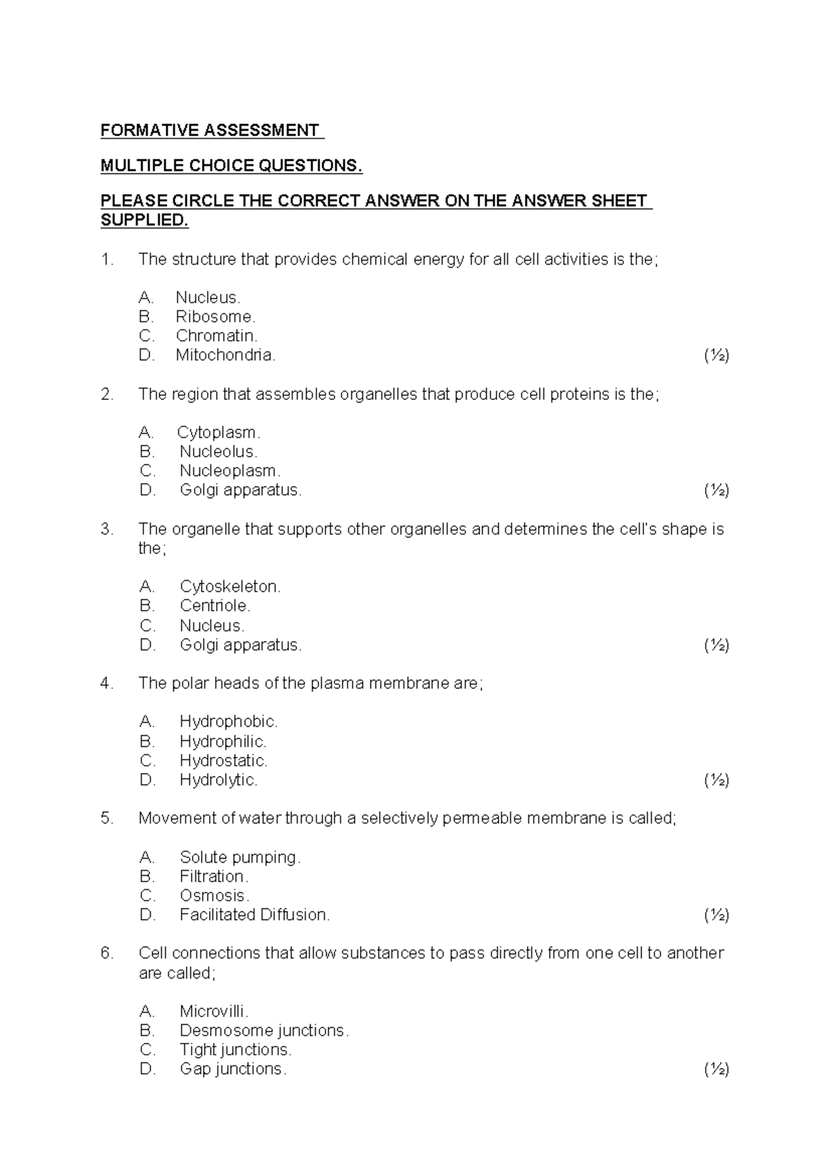 BIO101 Multiple Choice Formative Assessment Questions - Studocu