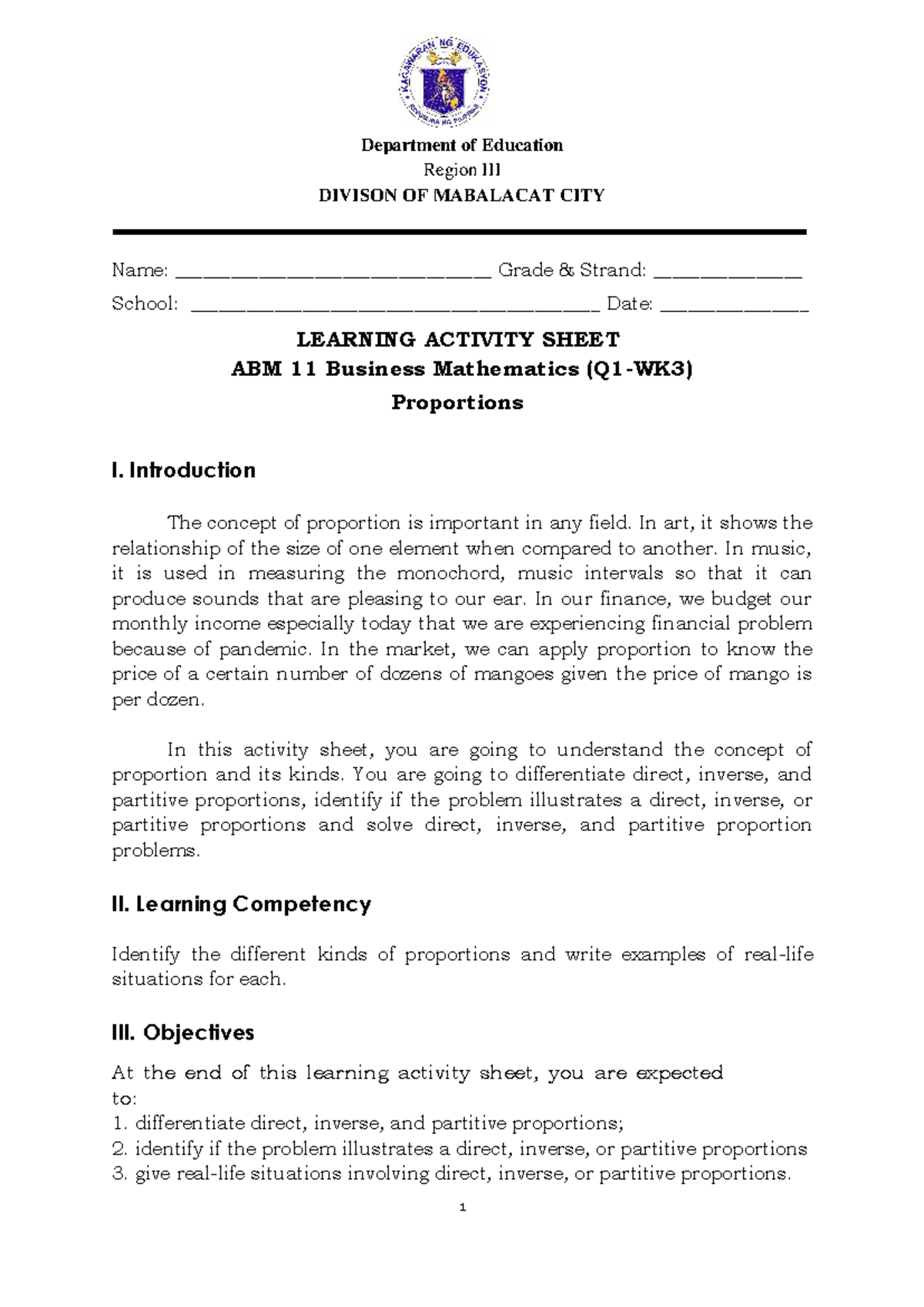 ABM 11 Business Math Q1 Week 3: Understanding Proportions - Studocu
