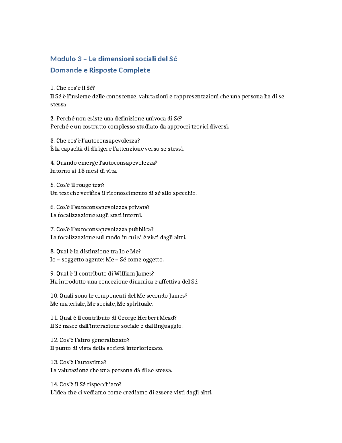 Modulo 3: Dimensioni Sociali del Sé - Domande e Risposte Complete - Studocu