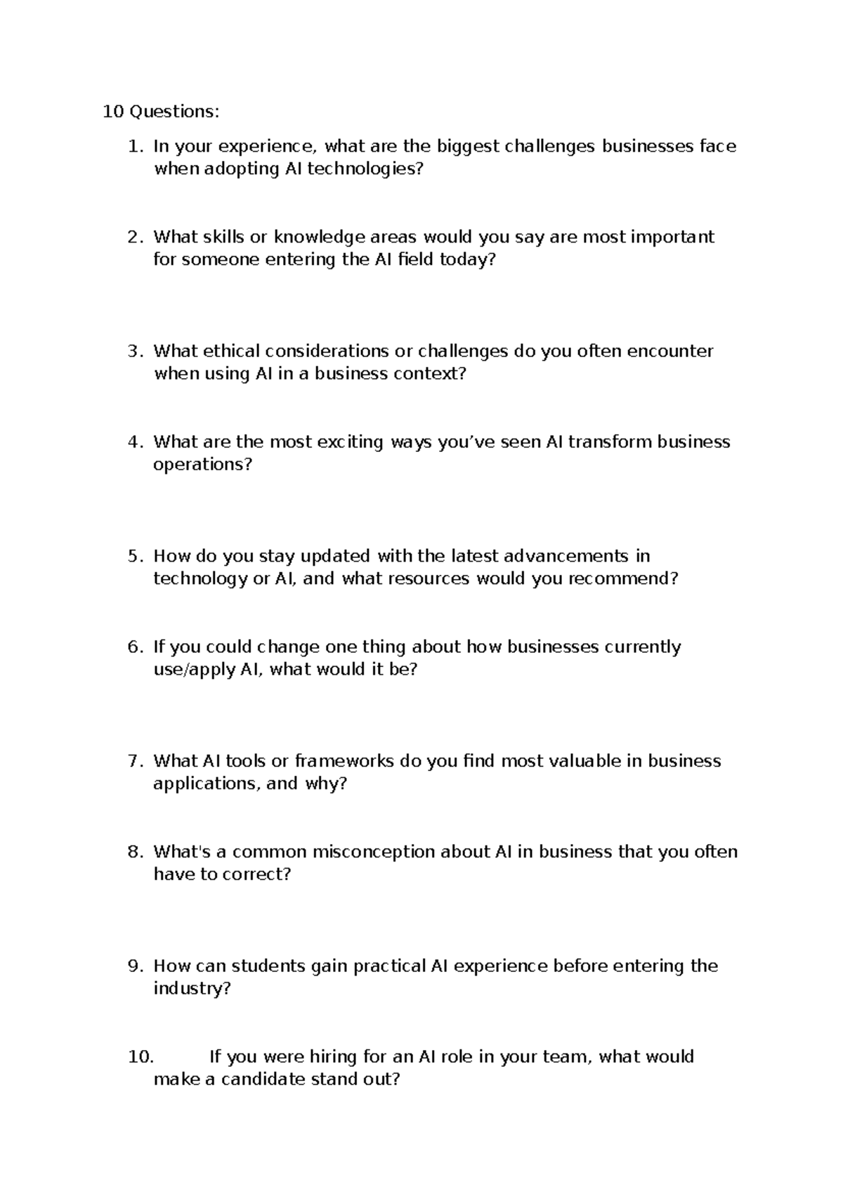 AI Questionnaire: Key Challenges and Insights for Business Adoption ...