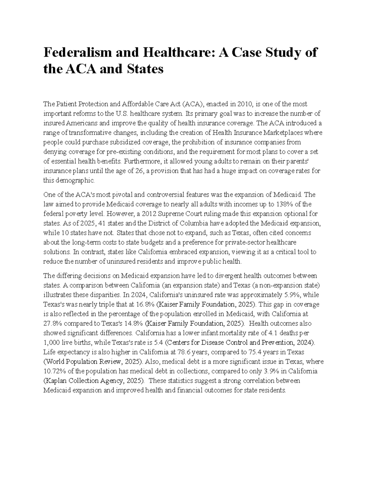 Federalism and Healthcare: ACA Case Study on State Variations - Studocu
