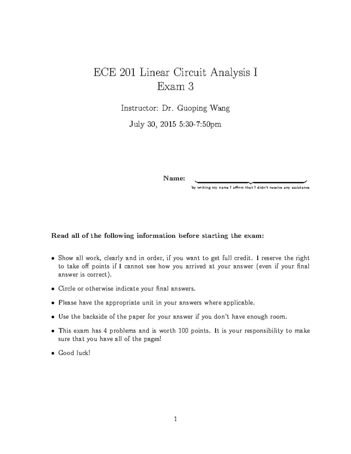 ECE 201 Exam 3 Solutions: Linear Circuit Analysis I - Studocu