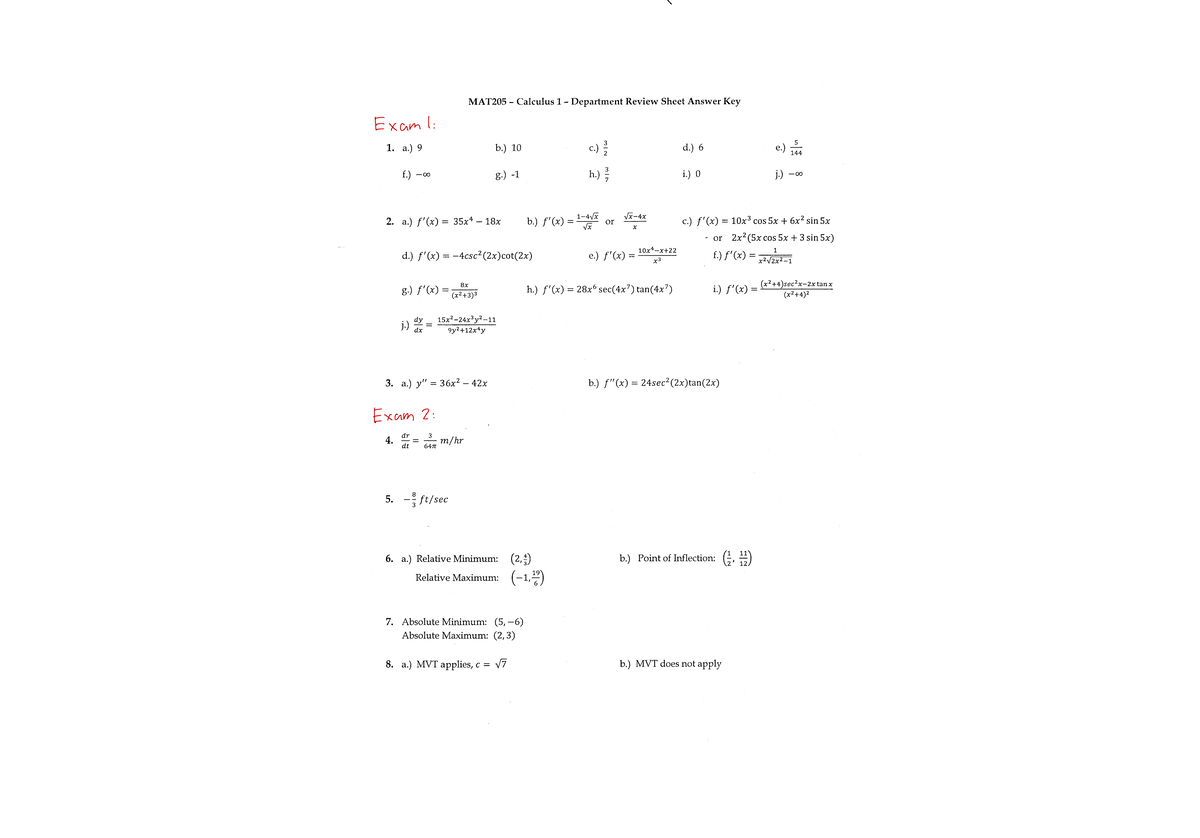 Final Exam Answer Key for Calculus 1 (Cal 1) - Spring 2023 - Studocu