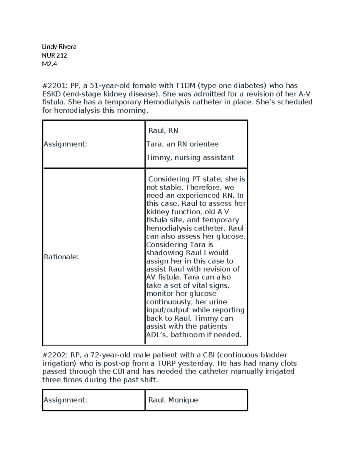 NUR 212 M2 - Patient Assignments and Care Rationales Analysis - Studocu