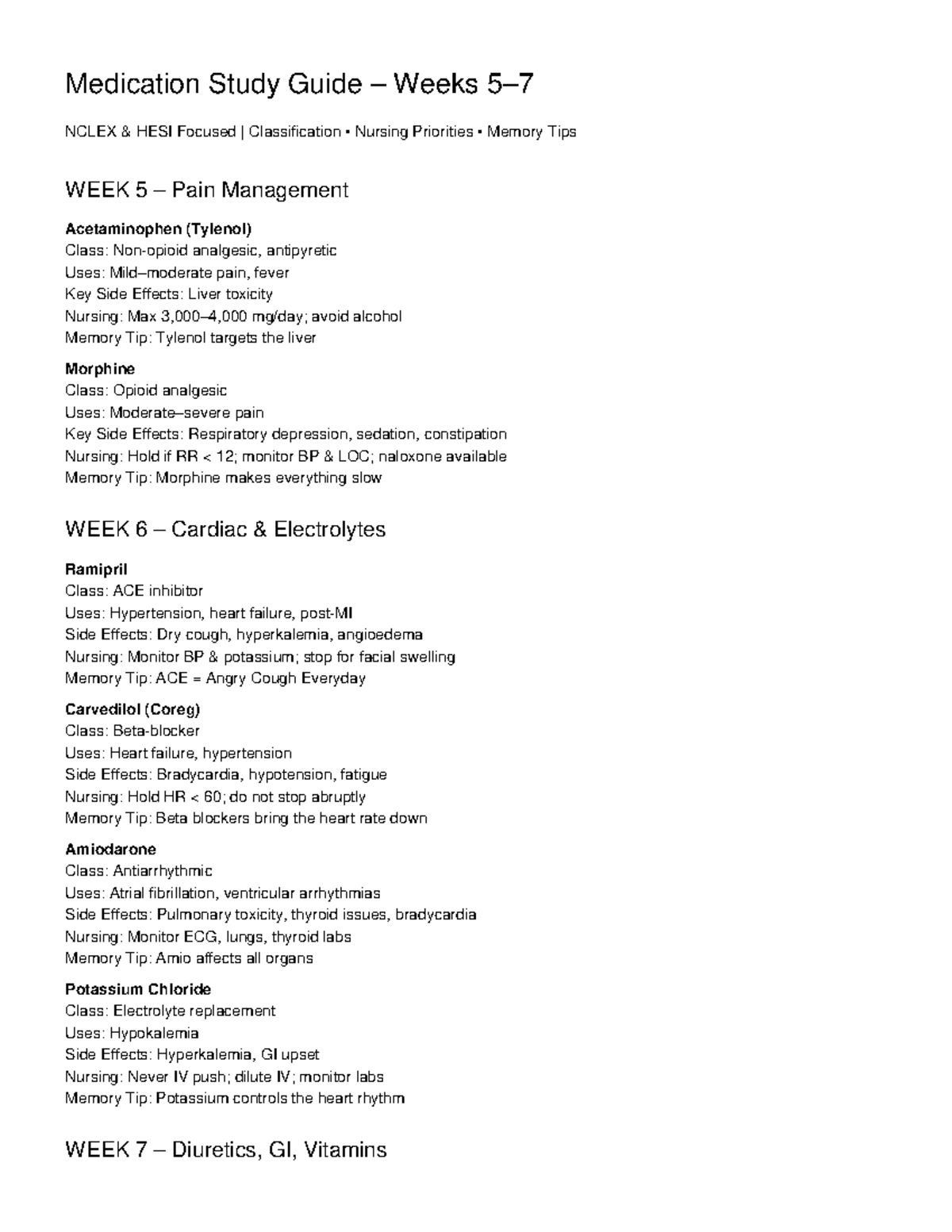 Medication Study Guide – Weeks 5–7 for NCLEX & HESI - Studocu