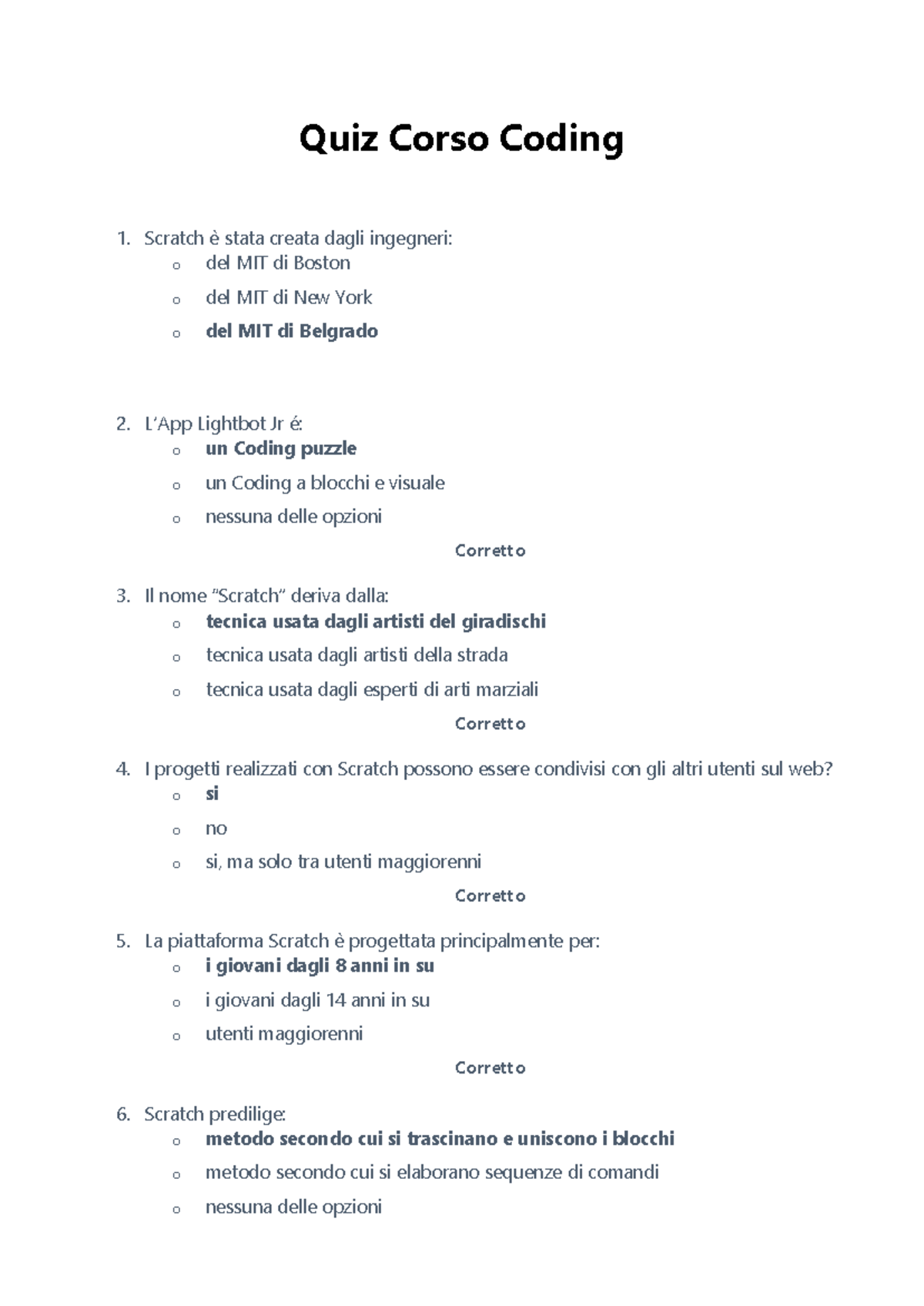 Quiz Corso Coding - Domande e Risposte Scuola di Alta Formazione - Studocu