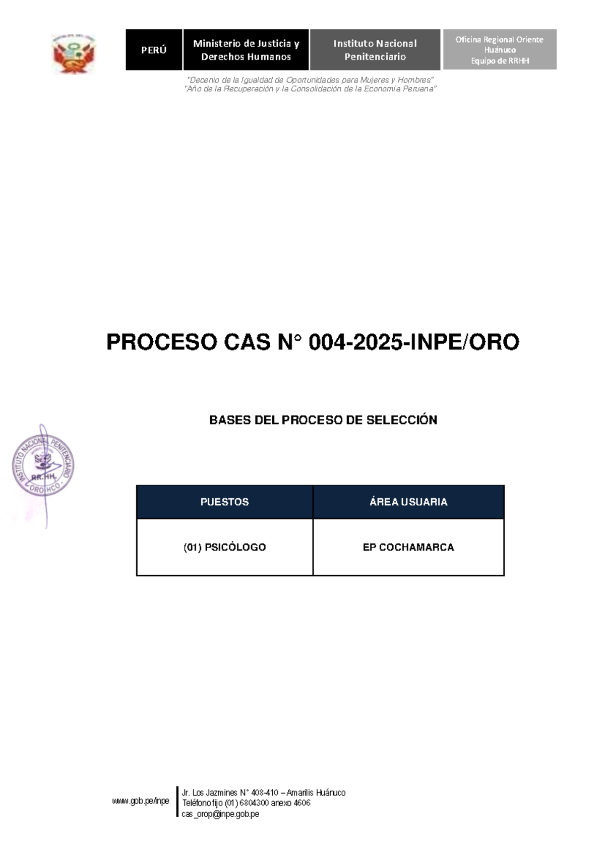 Bases del Proceso de Selección CAS para Psicólogo - INPE Huánuco - Studocu