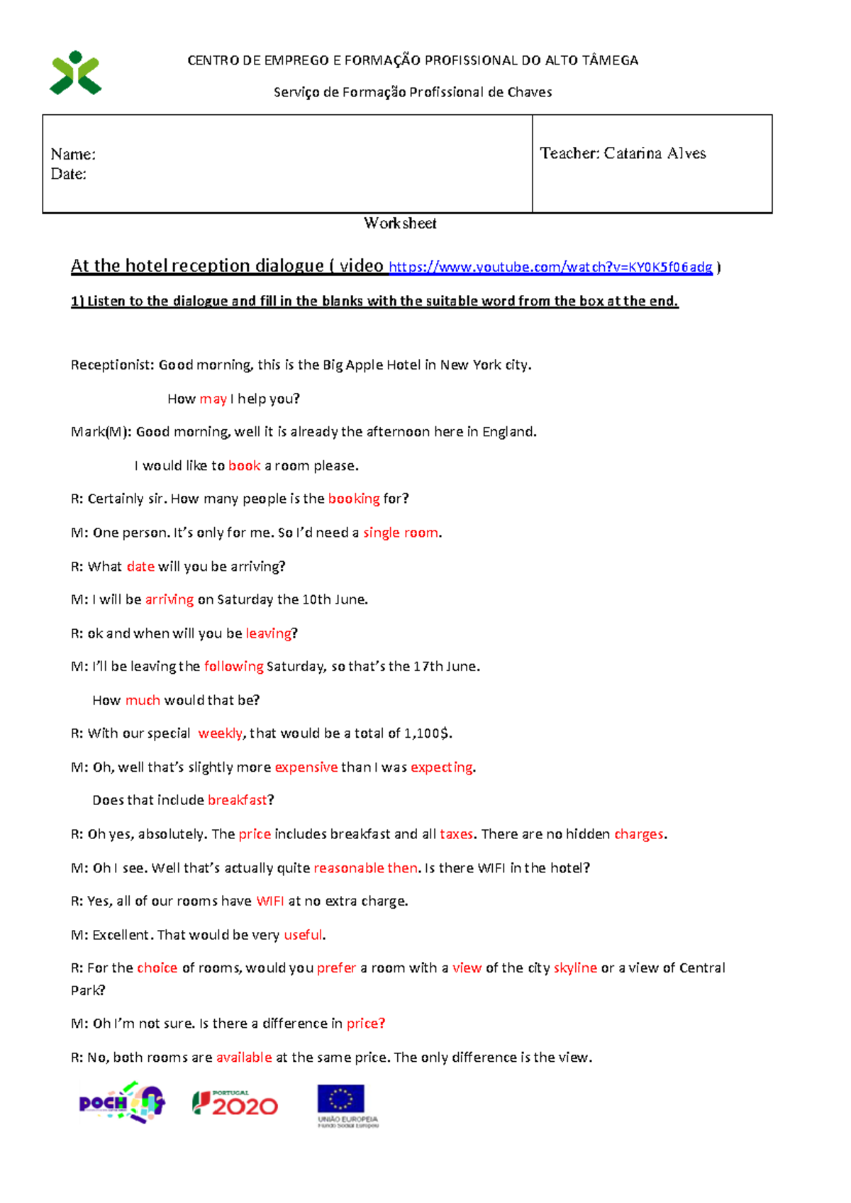 At the Hotel Reception Dialogue - Exercises (English Class) - Studocu