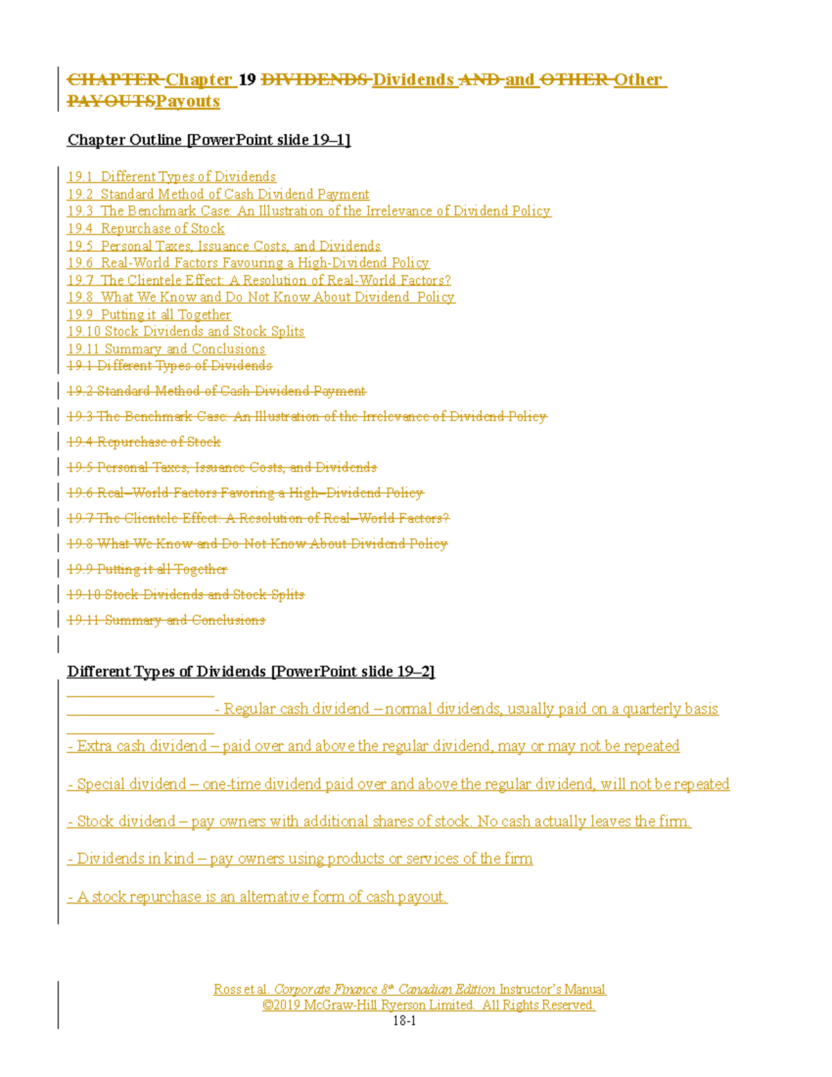 Ross CF 8ce IM Ch19 - Lecture Notes on Dividends and Payout Policies ...
