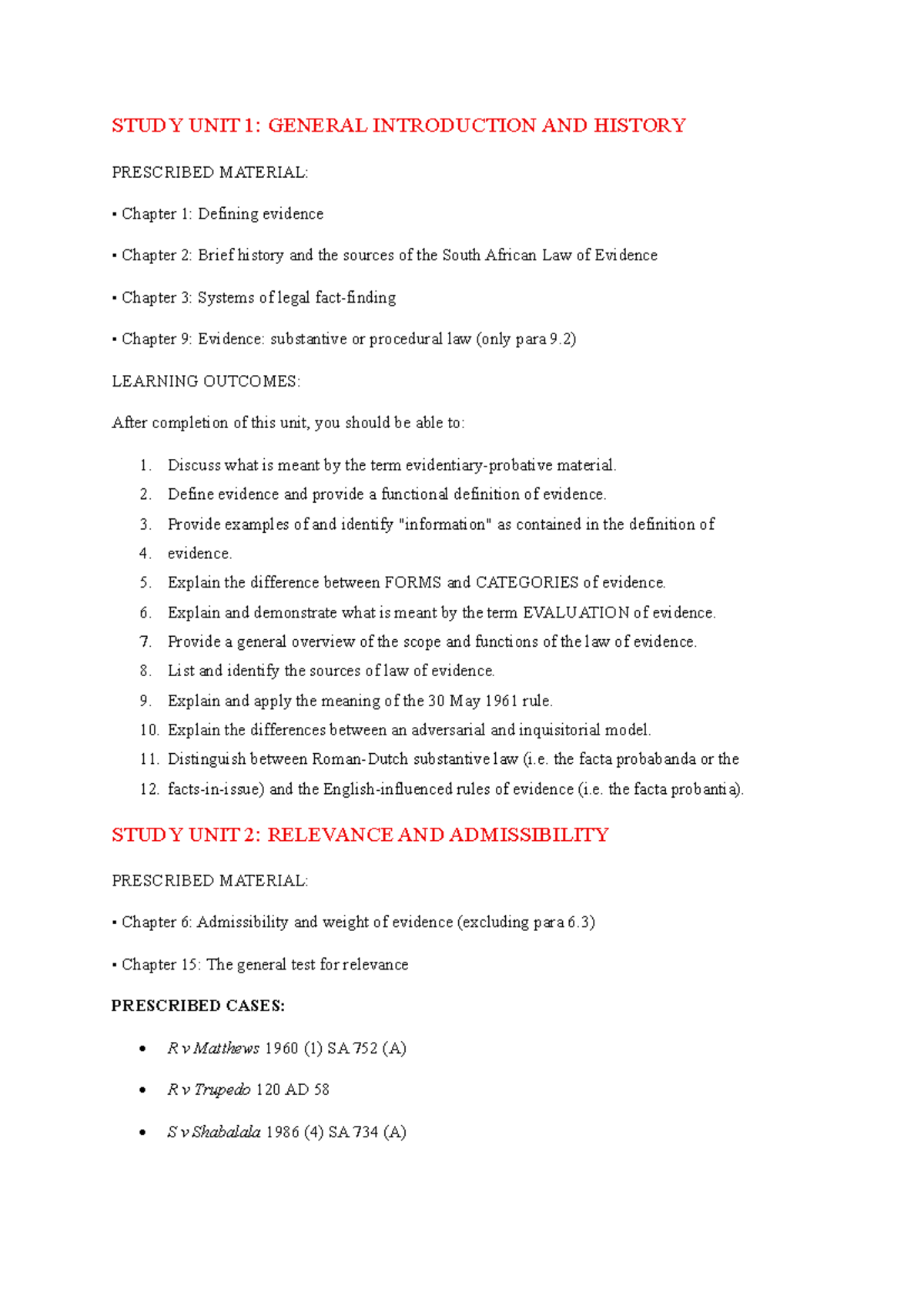 Evidence (Guidelines) for Law of Evidence Course: Study Units 1-6 - Studocu