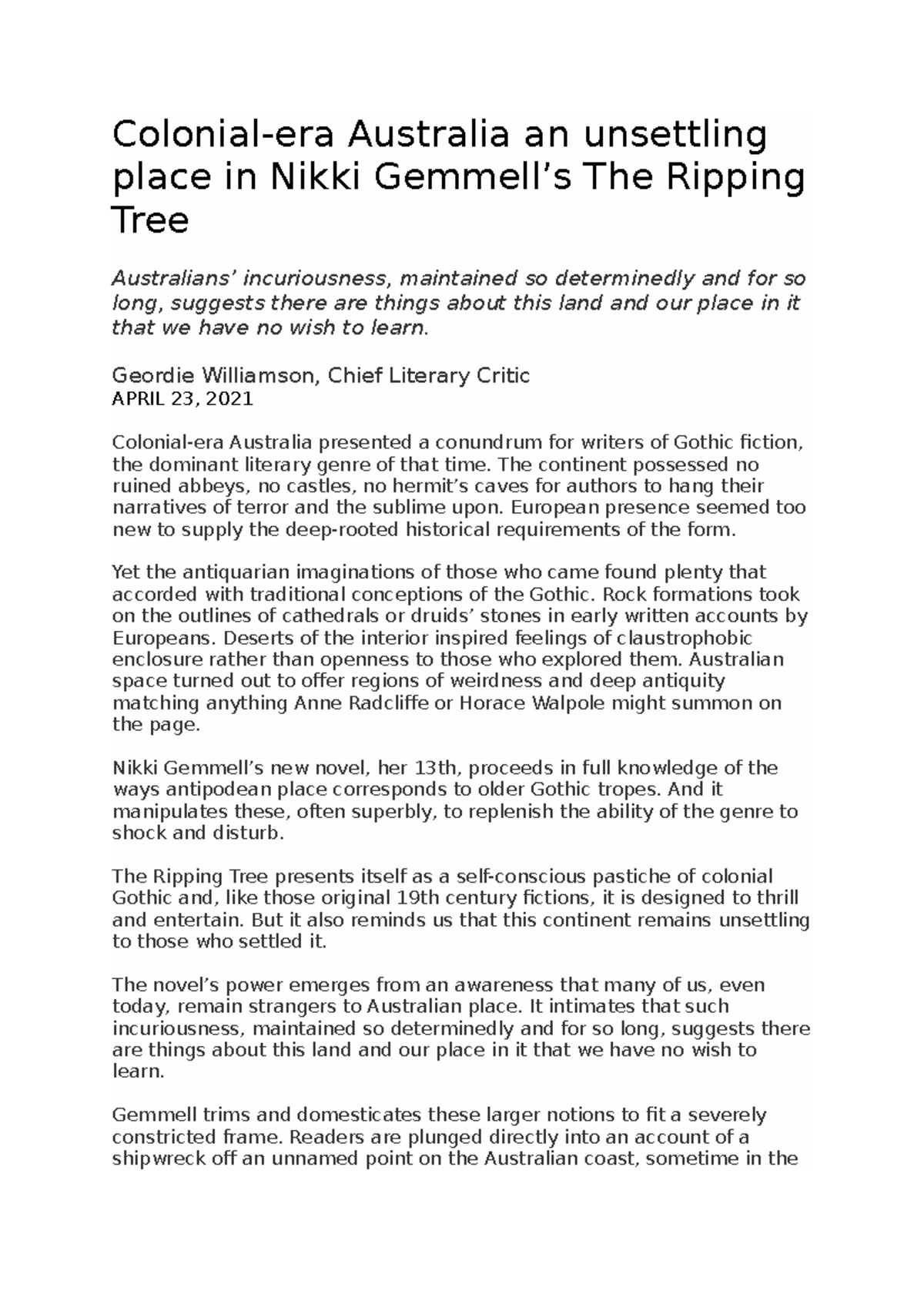 Ripping Tree Review - Context for Othello. - Colonial-era Australia an ...